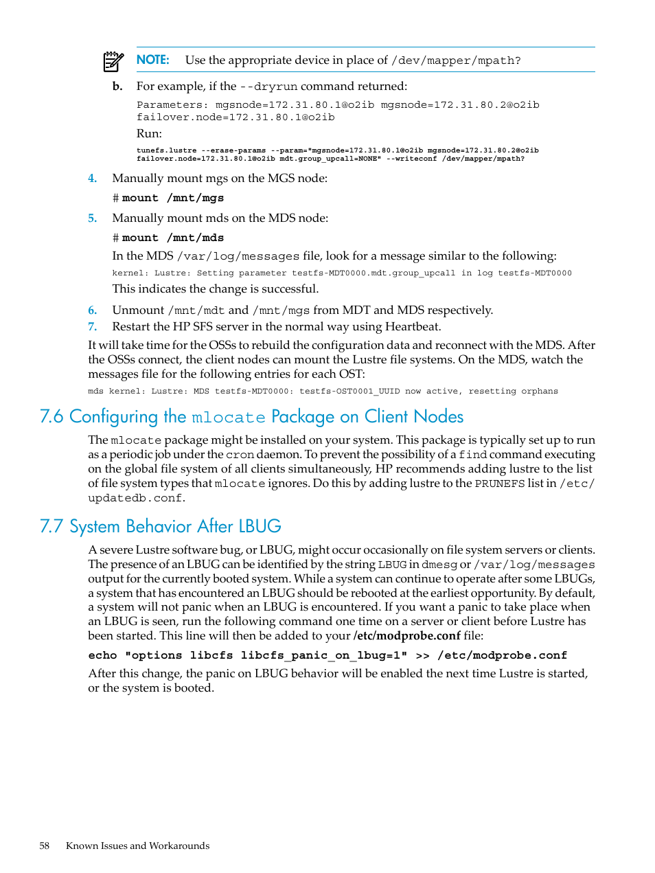 6 configuring the mlocate package on client nodes, 7 system behavior after lbug | HP StorageWorks Scalable File Share User Manual | Page 58 / 70