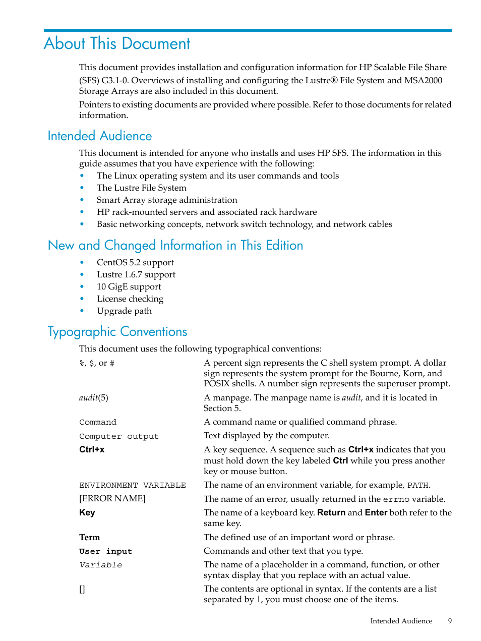 About this document, Intended audience, New and changed information in this edition | Typographic conventions | HP StorageWorks Scalable File Share User Manual | Page 9 / 70