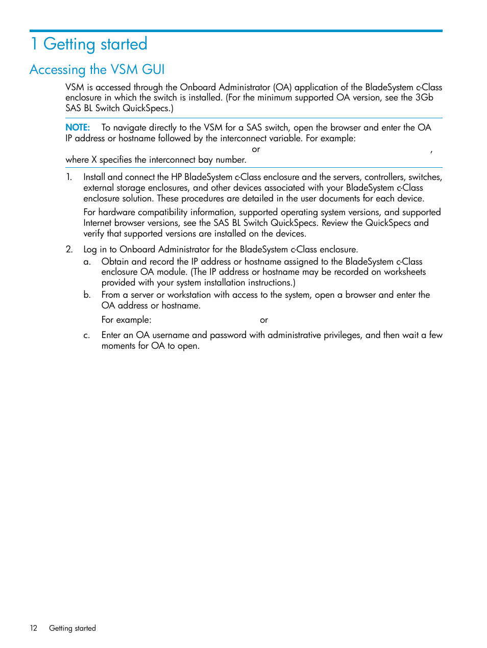 1 getting started, Accessing the vsm gui | HP 3Gb SAS Switch for HP BladeSystem c-Class User Manual | Page 12 / 86