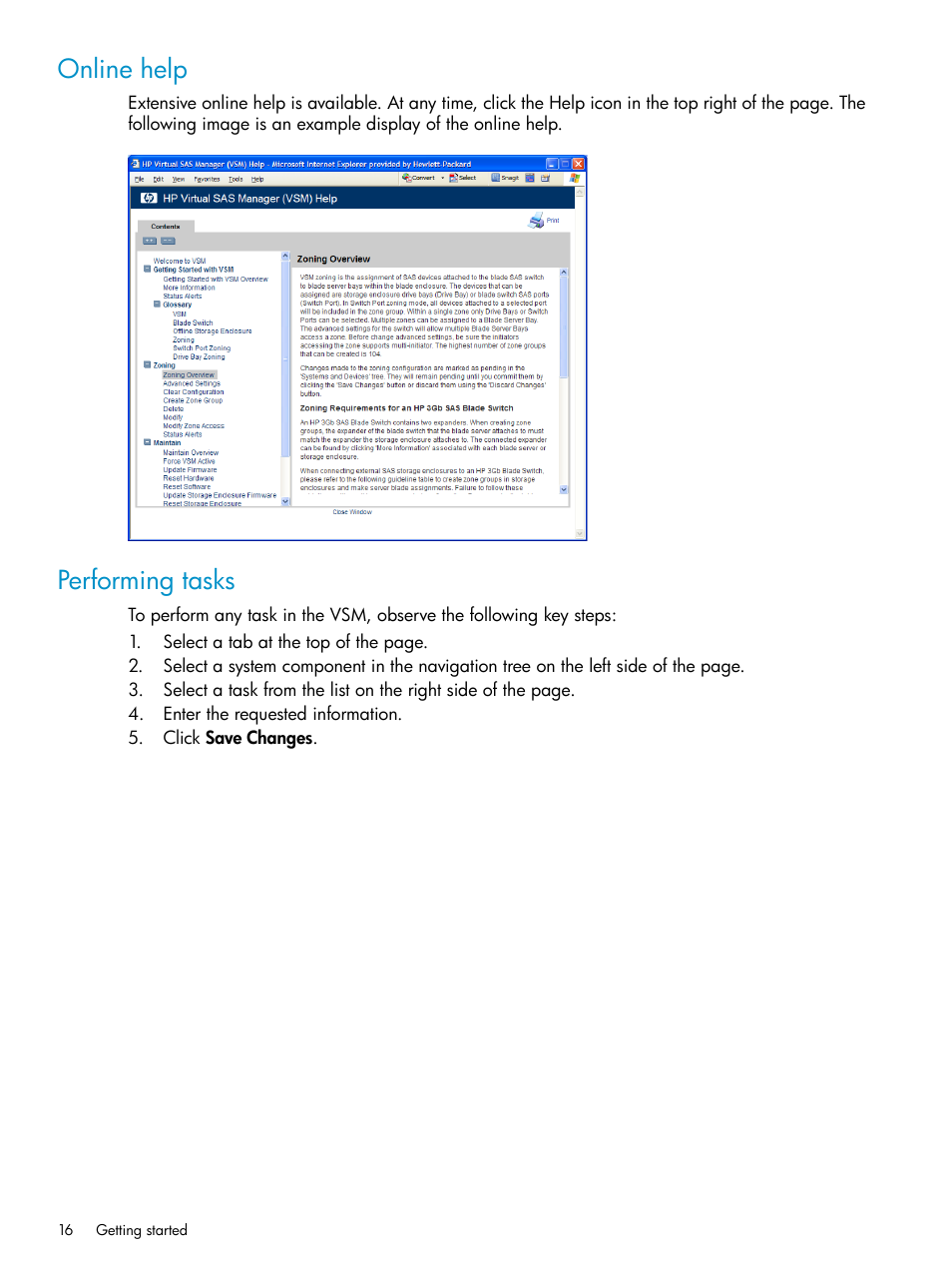 Online help, Performing tasks, Online help performing tasks | HP 3Gb SAS Switch for HP BladeSystem c-Class User Manual | Page 16 / 86