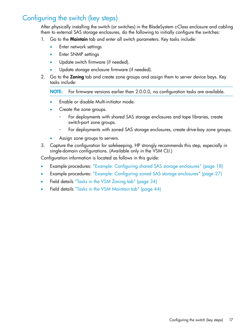 Configuring the switch (key steps) | HP 3Gb SAS Switch for HP BladeSystem c-Class User Manual | Page 17 / 86