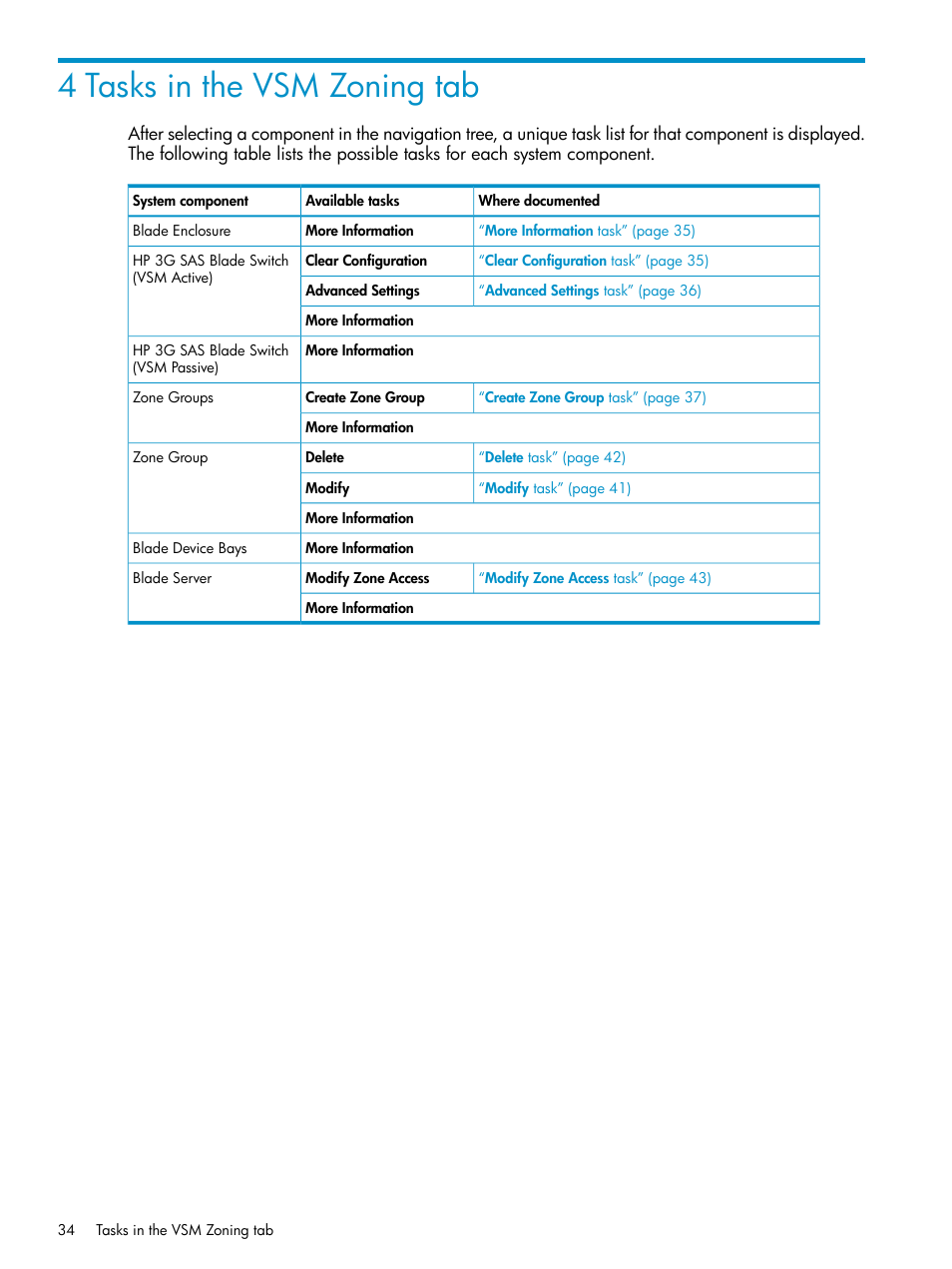 4 tasks in the vsm zoning tab | HP 3Gb SAS Switch for HP BladeSystem c-Class User Manual | Page 34 / 86