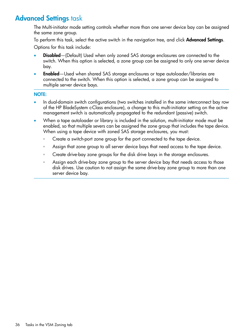 Advanced settings task | HP 3Gb SAS Switch for HP BladeSystem c-Class User Manual | Page 36 / 86