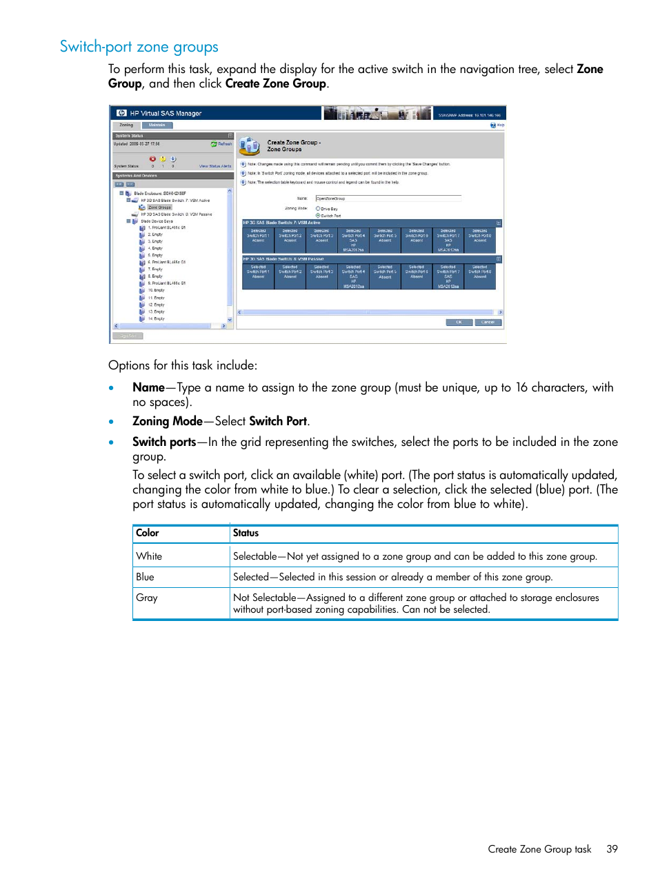 Switch-port zone groups, Switch-port | HP 3Gb SAS Switch for HP BladeSystem c-Class User Manual | Page 39 / 86