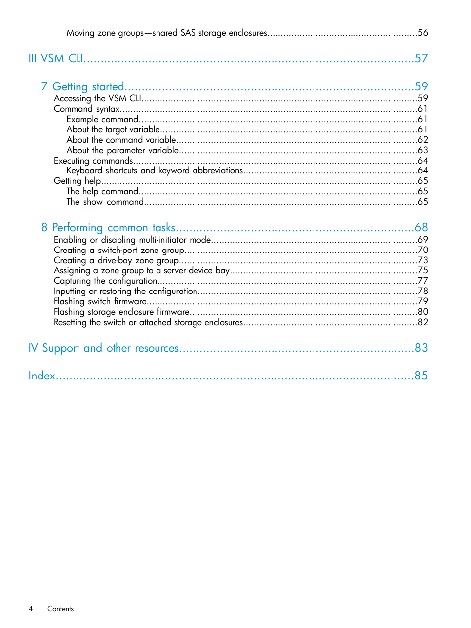 Iii vsm cli 7 getting started, 8 performing common tasks, Iv support and other resources index | HP 3Gb SAS Switch for HP BladeSystem c-Class User Manual | Page 4 / 86