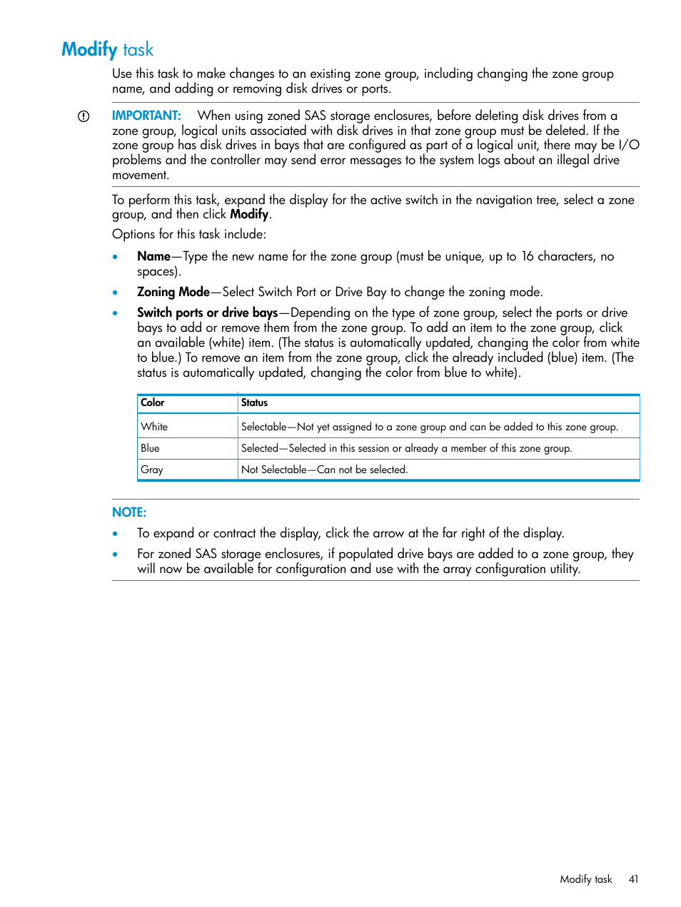 Modify task | HP 3Gb SAS Switch for HP BladeSystem c-Class User Manual | Page 41 / 86