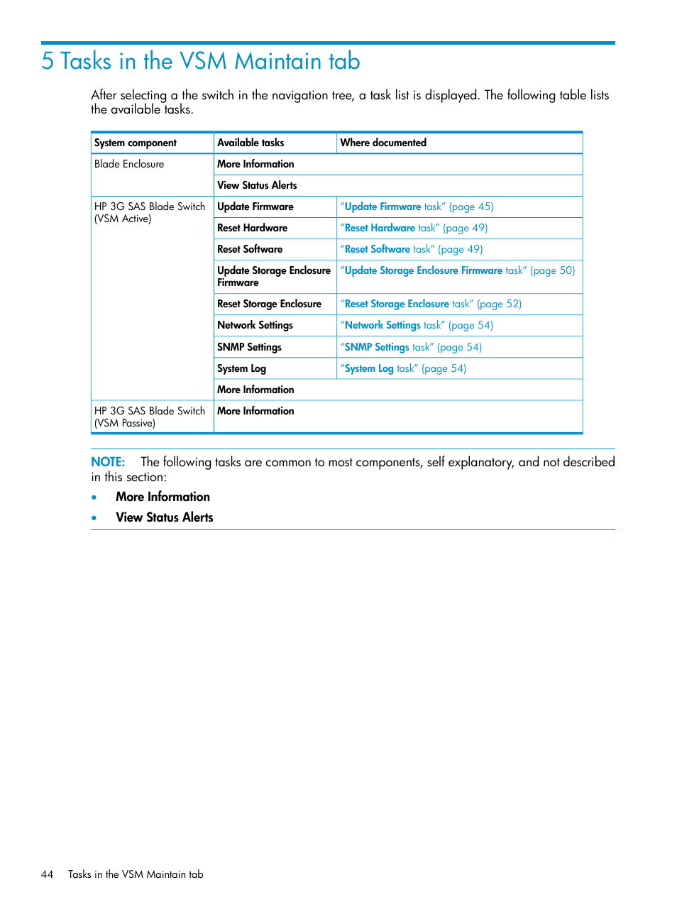 5 tasks in the vsm maintain tab | HP 3Gb SAS Switch for HP BladeSystem c-Class User Manual | Page 44 / 86