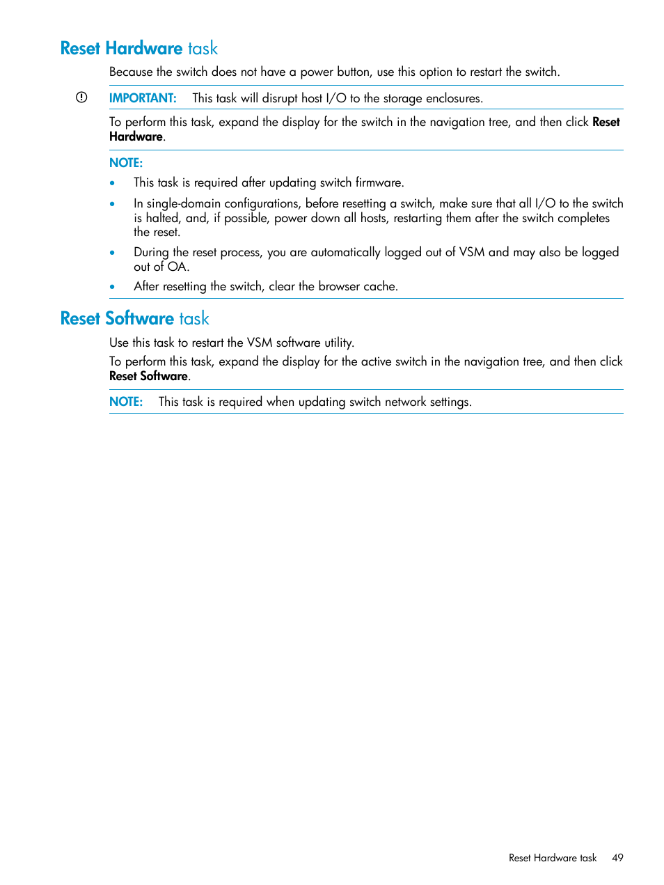 Reset hardware task, Reset software task, Reset hardware task reset software task | HP 3Gb SAS Switch for HP BladeSystem c-Class User Manual | Page 49 / 86