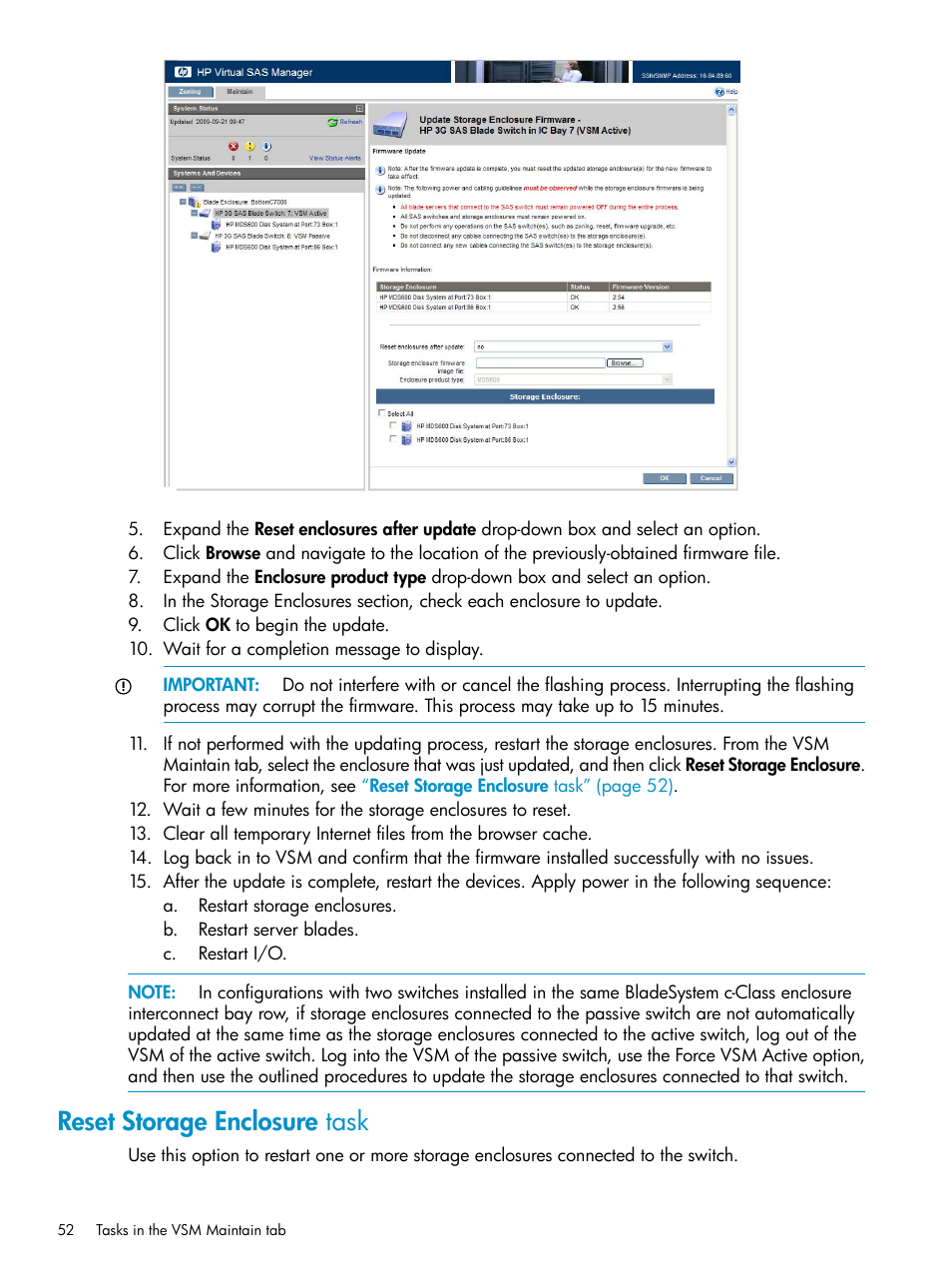 Reset storage enclosure task | HP 3Gb SAS Switch for HP BladeSystem c-Class User Manual | Page 52 / 86