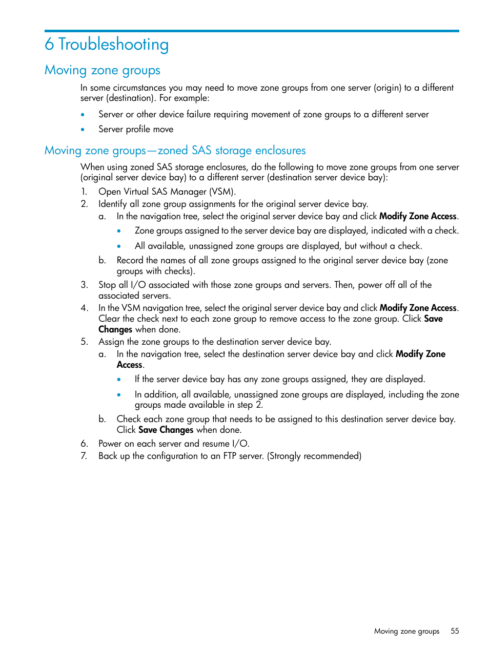 6 troubleshooting, Moving zone groups, Moving zone groups—zoned sas storage enclosures | HP 3Gb SAS Switch for HP BladeSystem c-Class User Manual | Page 55 / 86
