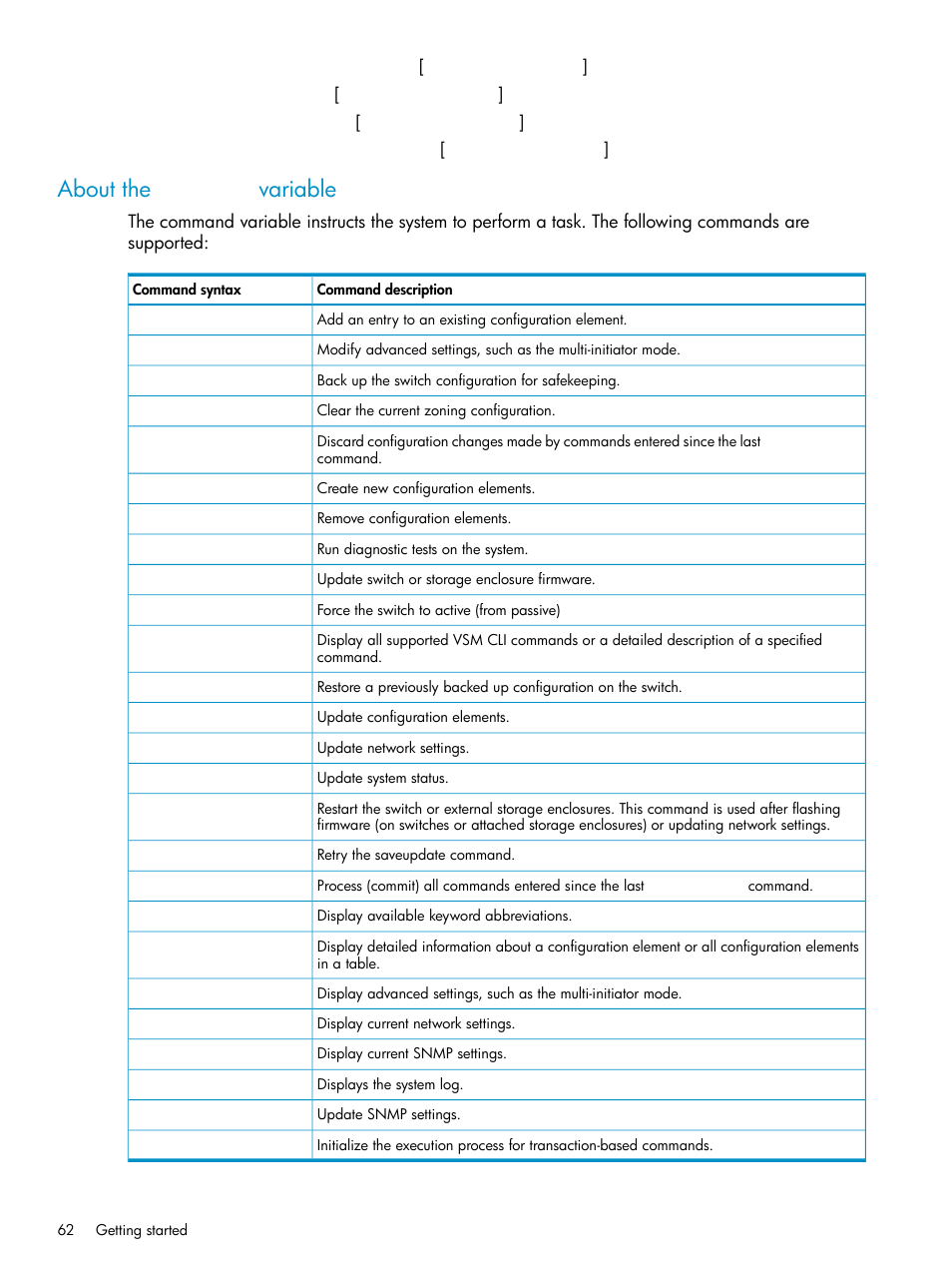 About the command variable | HP 3Gb SAS Switch for HP BladeSystem c-Class User Manual | Page 62 / 86