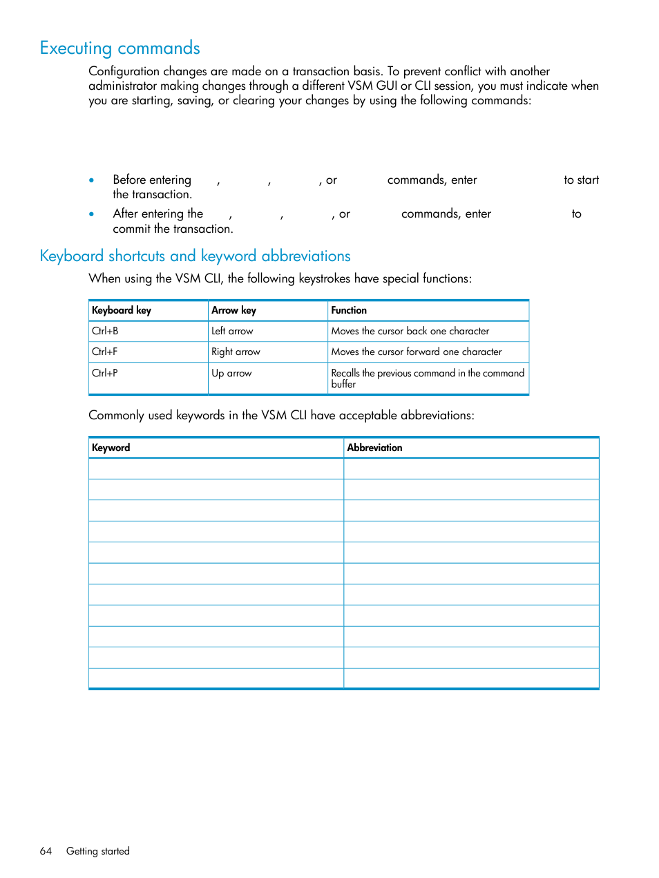Executing commands, Keyboard shortcuts and keyword abbreviations | HP 3Gb SAS Switch for HP BladeSystem c-Class User Manual | Page 64 / 86