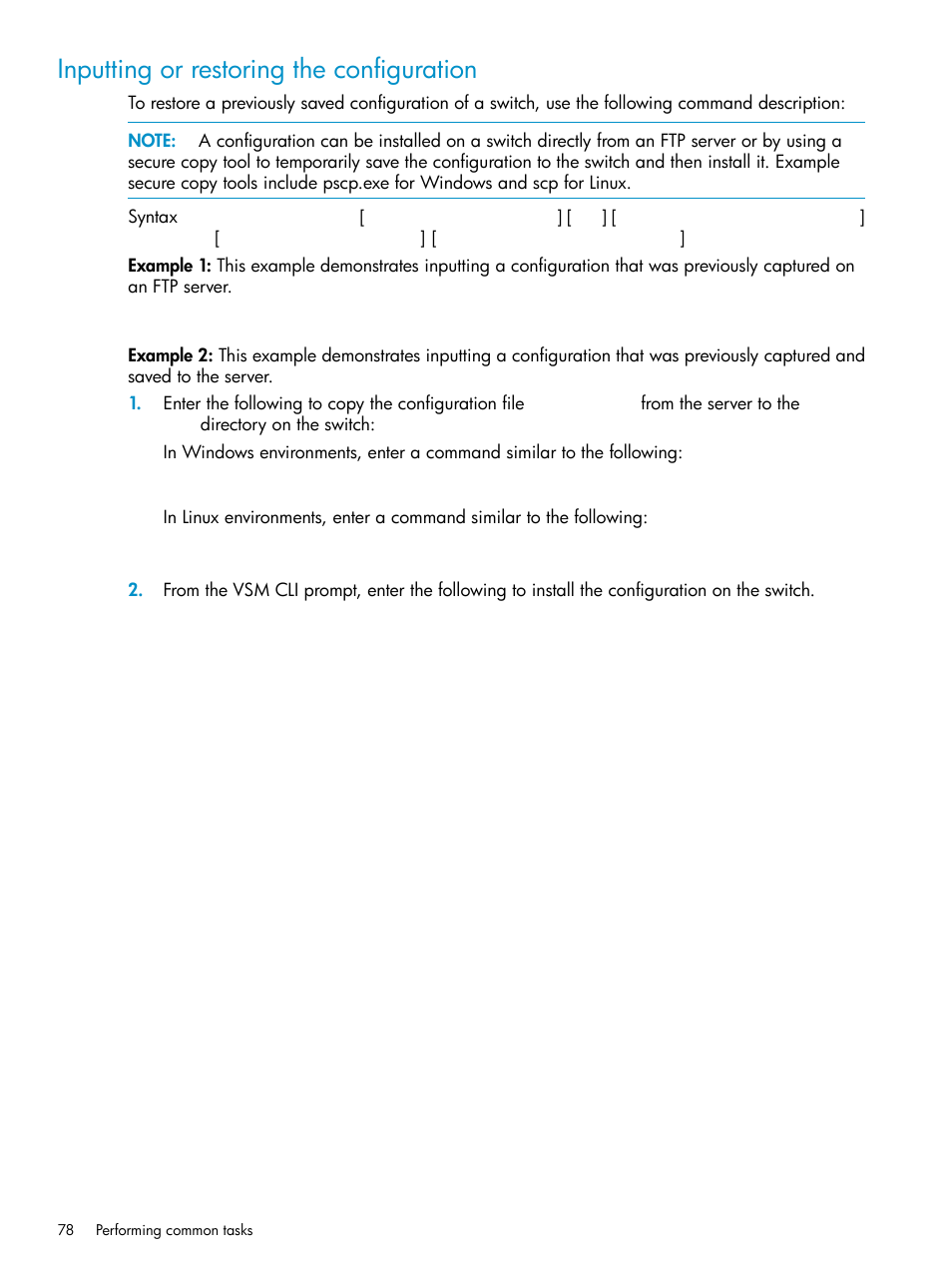 Inputting or restoring the configuration | HP 3Gb SAS Switch for HP BladeSystem c-Class User Manual | Page 78 / 86