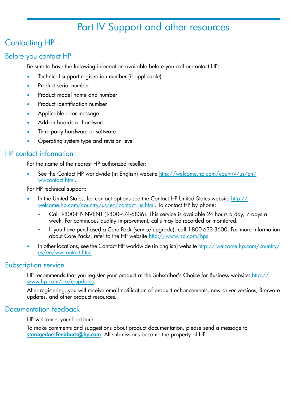 Part iv support and other resources, Contacting hp, Before you contact hp | Hp contact information, Subscription service, Documentation feedback, Iv support and other resources | HP 3Gb SAS Switch for HP BladeSystem c-Class User Manual | Page 83 / 86