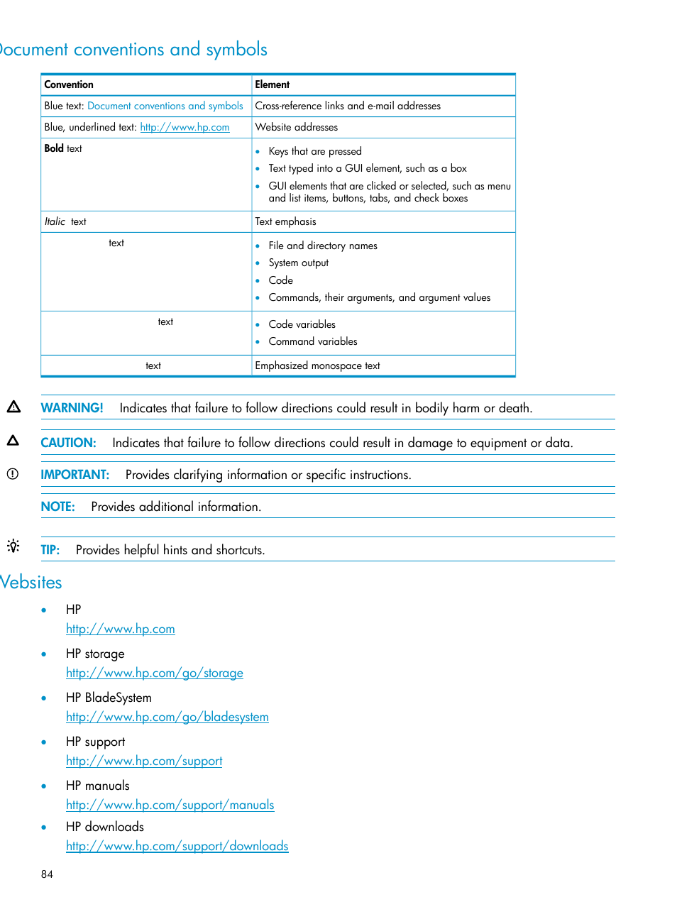 Document conventions and symbols, Websites | HP 3Gb SAS Switch for HP BladeSystem c-Class User Manual | Page 84 / 86