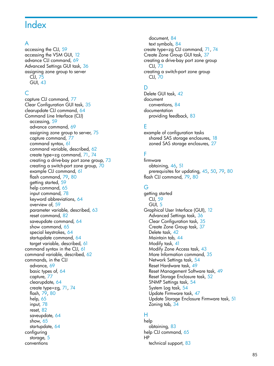 Index | HP 3Gb SAS Switch for HP BladeSystem c-Class User Manual | Page 85 / 86