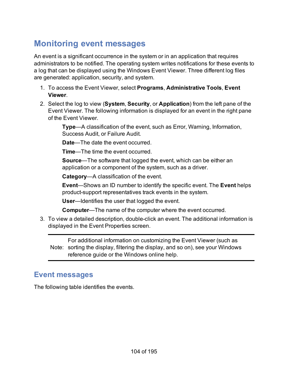 Monitoring event messages, Event messages | HP Storage Mirroring Software User Manual | Page 106 / 197