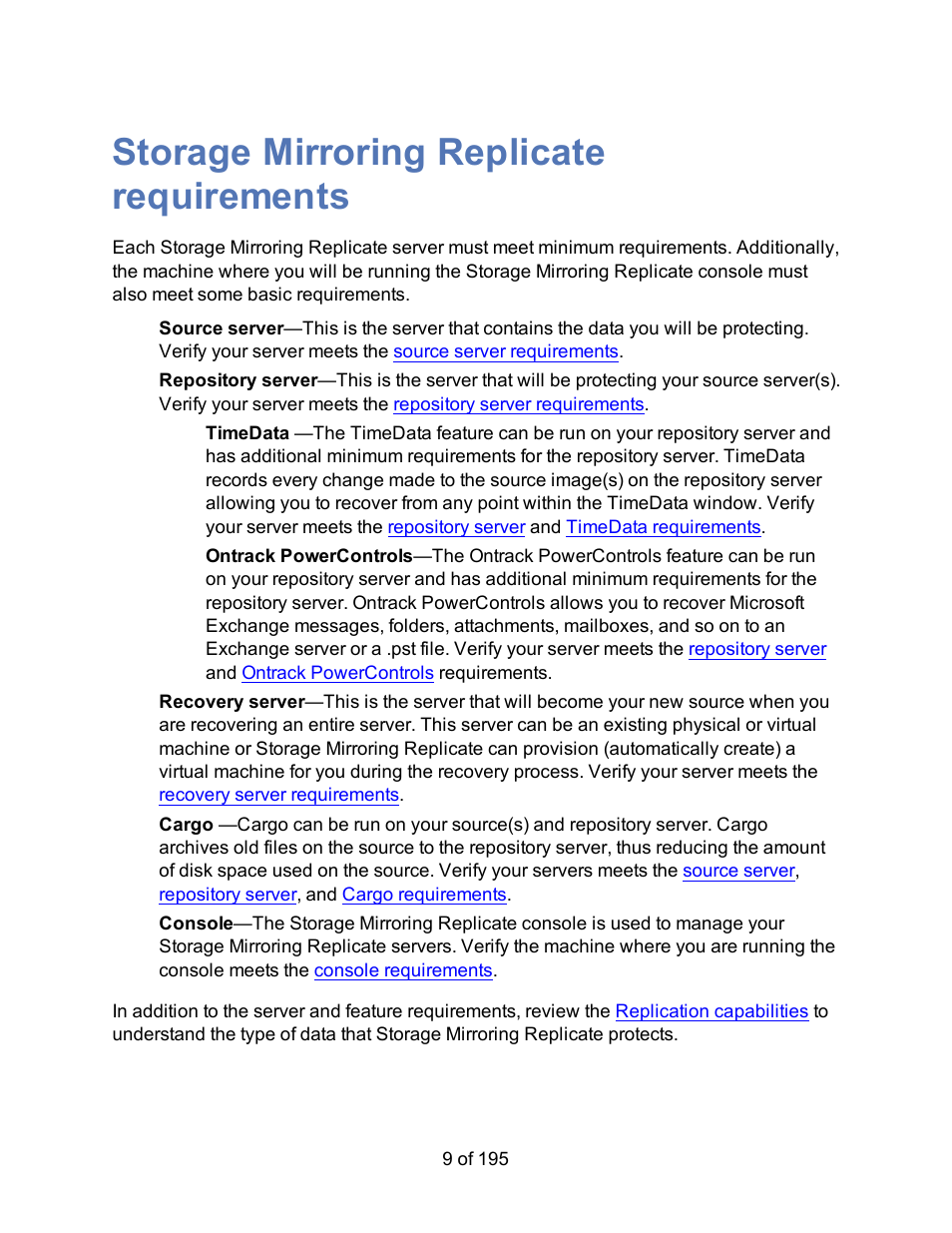 Storage mirroring replicate requirements | HP Storage Mirroring Software User Manual | Page 11 / 197