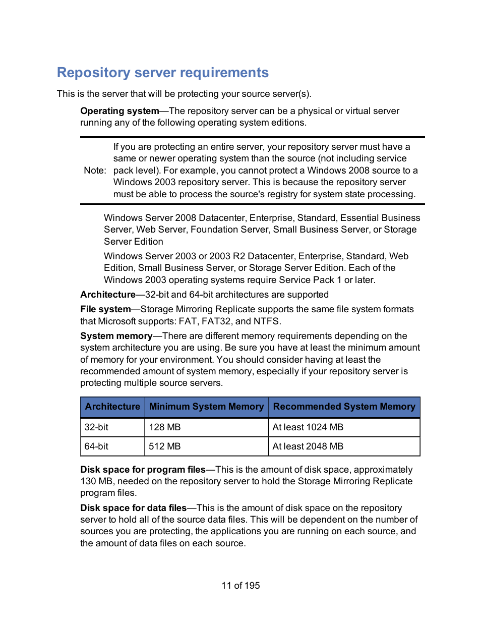 Repository server requirements, Repository server | HP Storage Mirroring Software User Manual | Page 13 / 197