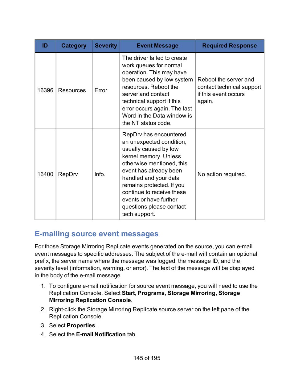 E-mailing source event messages | HP Storage Mirroring Software User Manual | Page 147 / 197