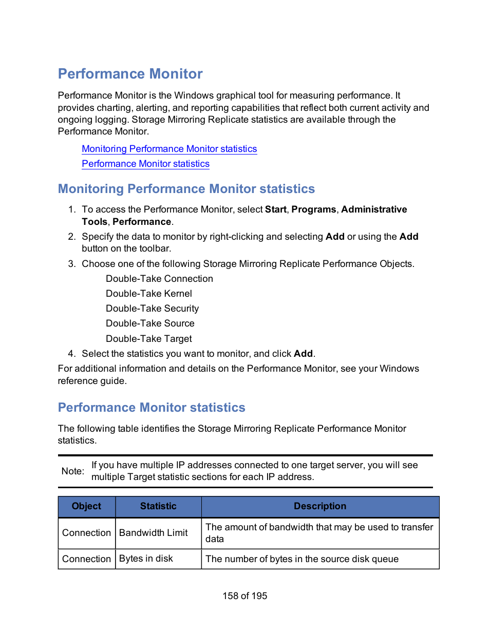 Performance monitor, Monitoring performance monitor statistics, Performance monitor statistics | HP Storage Mirroring Software User Manual | Page 160 / 197