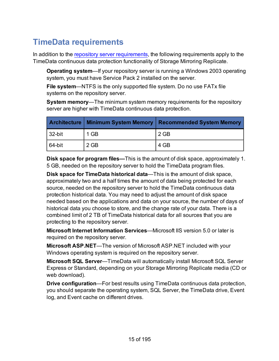 Timedata requirements | HP Storage Mirroring Software User Manual | Page 17 / 197