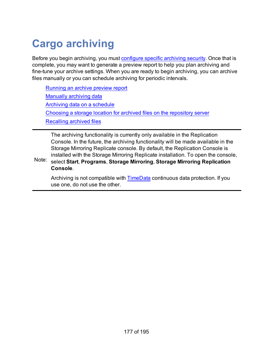 Cargo archiving | HP Storage Mirroring Software User Manual | Page 179 / 197