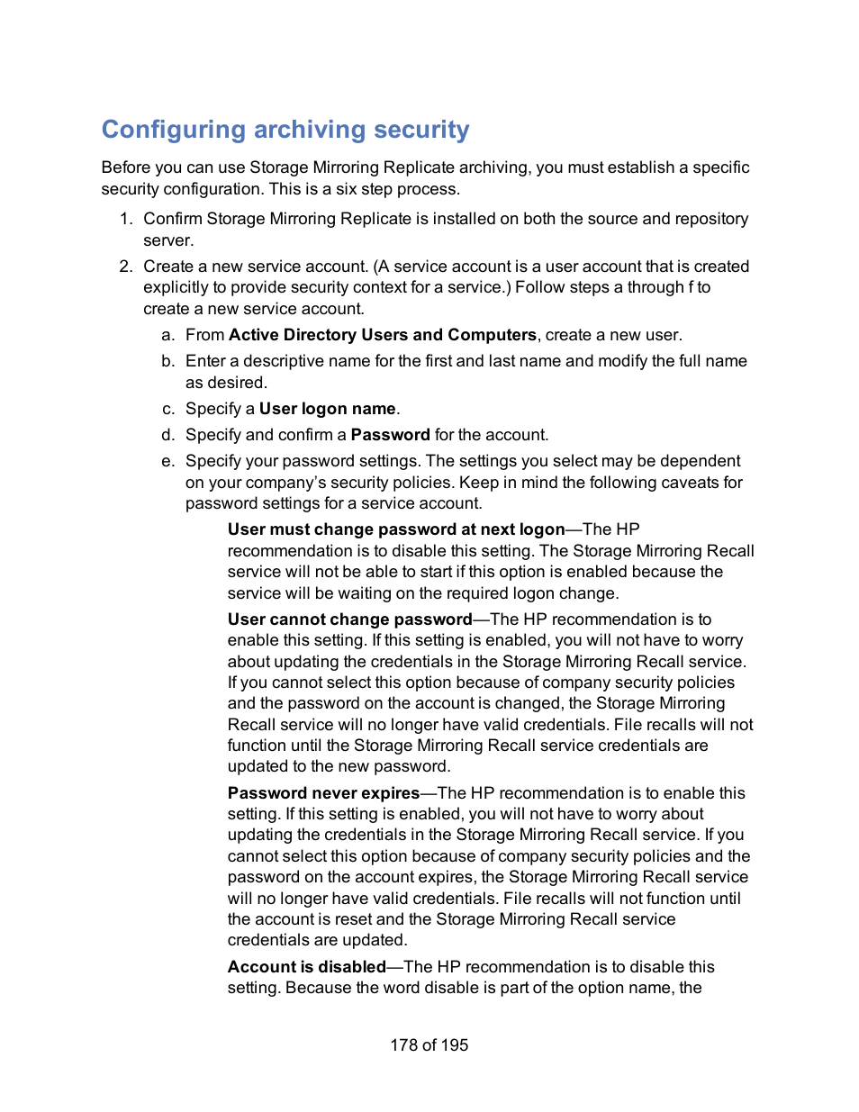 Configuring archiving security, Configure specific archiving security | HP Storage Mirroring Software User Manual | Page 180 / 197