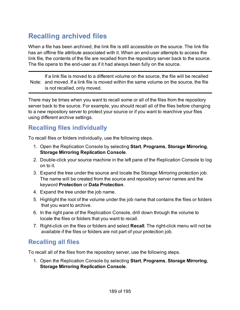 Recalling archived files, Recalling files individually, Recalling all files | HP Storage Mirroring Software User Manual | Page 191 / 197