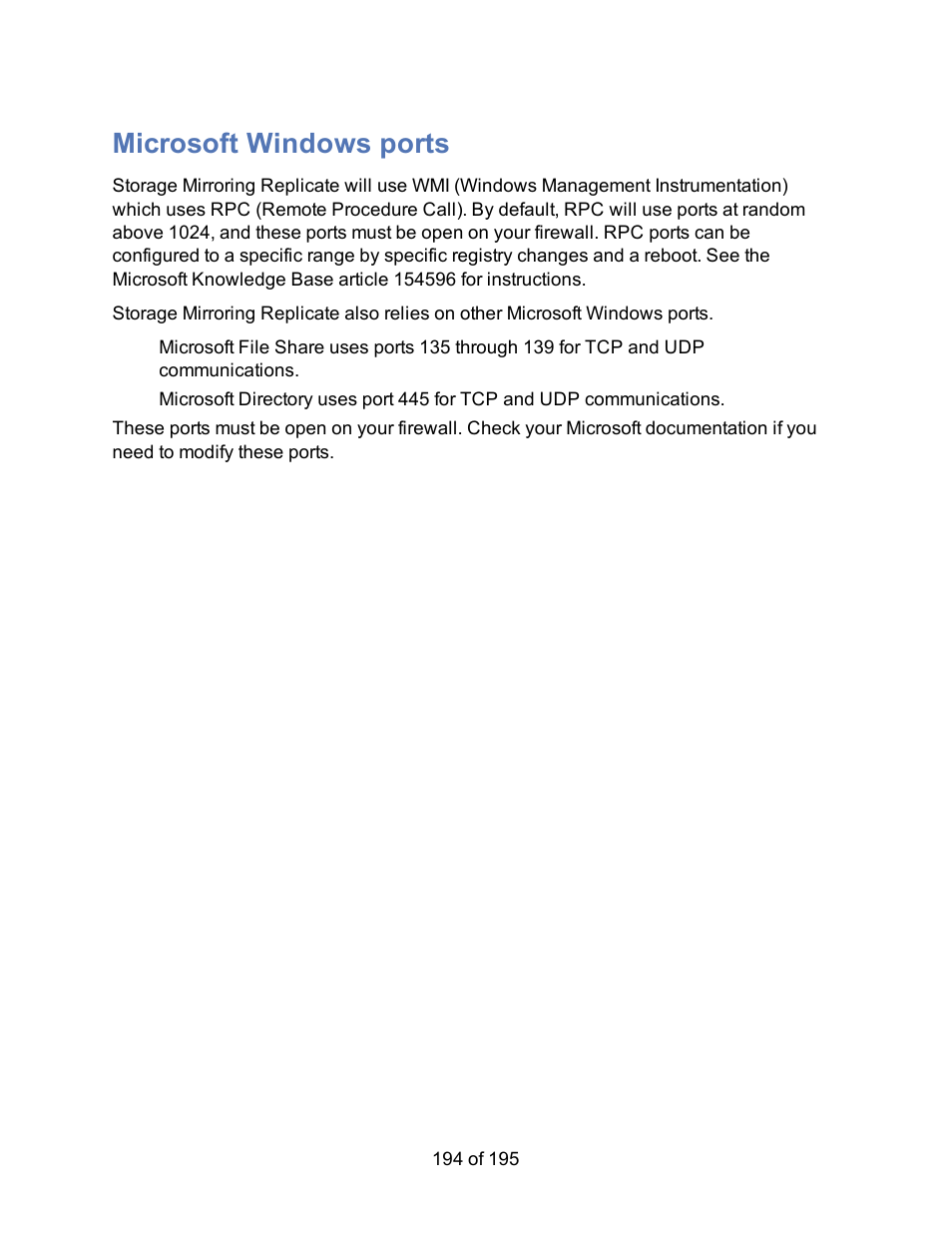 Microsoft windows ports | HP Storage Mirroring Software User Manual | Page 196 / 197