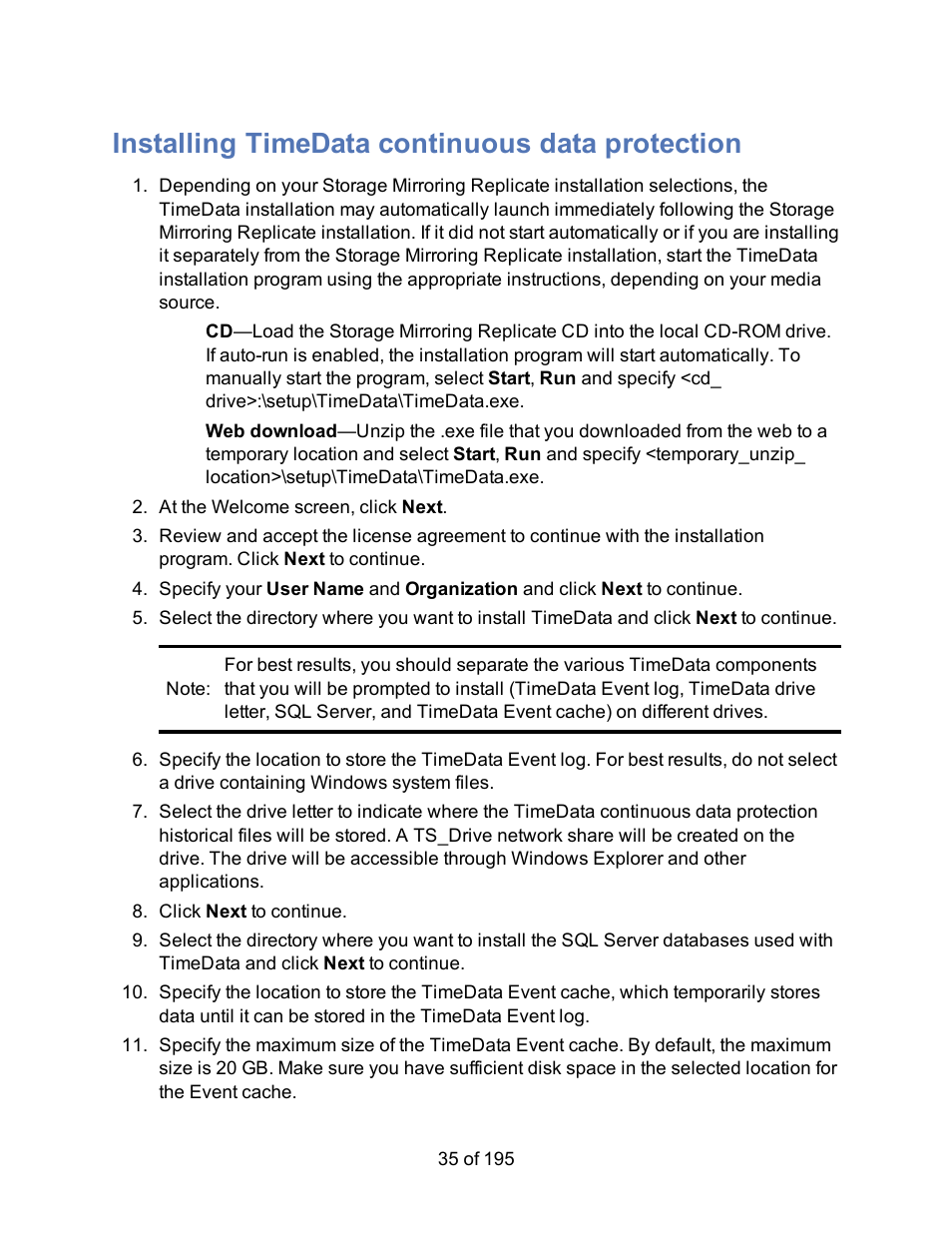 Installing timedata continuous data protection | HP Storage Mirroring Software User Manual | Page 37 / 197