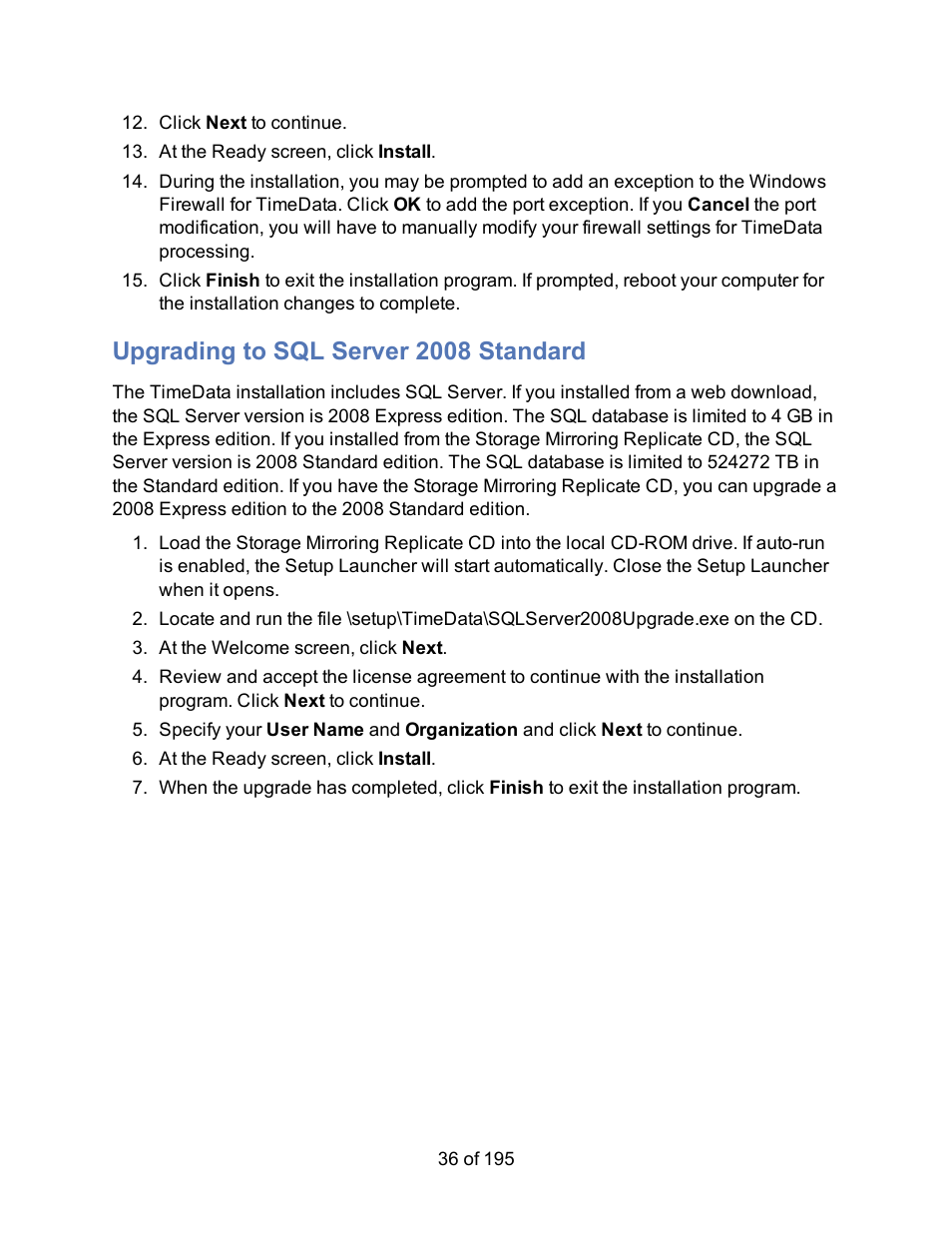 Upgrading to sql server 2008 standard, Upgrading to sql 2008 standard | HP Storage Mirroring Software User Manual | Page 38 / 197