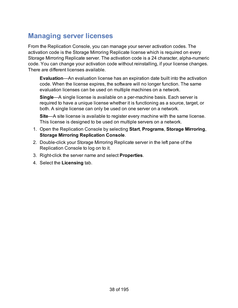 Managing server licenses | HP Storage Mirroring Software User Manual | Page 40 / 197