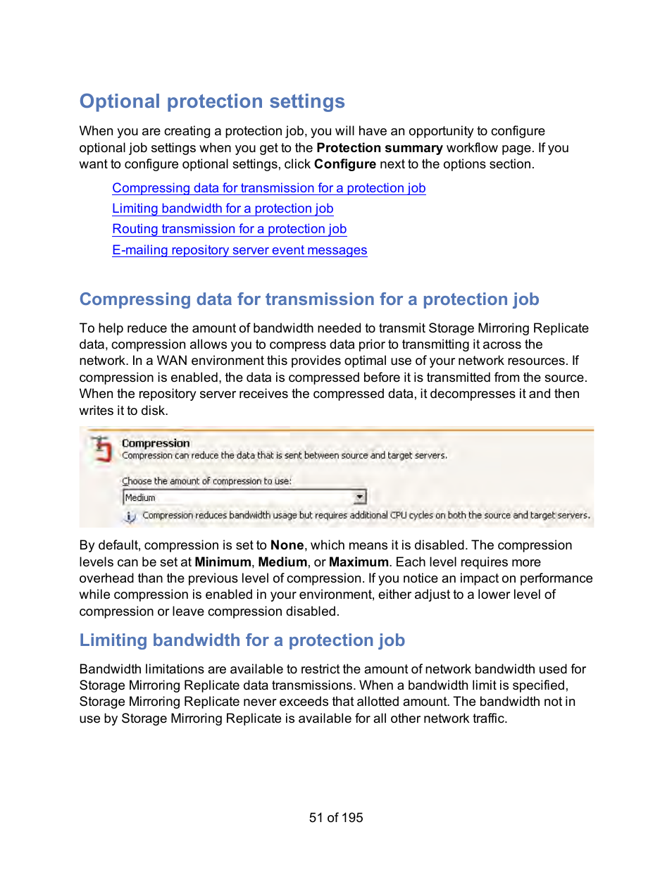 Optional protection settings, Limiting bandwidth for a protection job | HP Storage Mirroring Software User Manual | Page 53 / 197