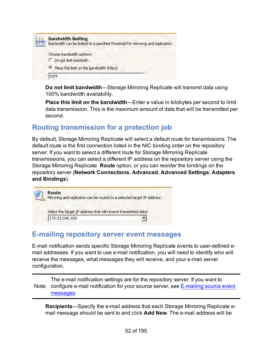 Routing transmission for a protection job, E-mailing repository server event messages | HP Storage Mirroring Software User Manual | Page 54 / 197