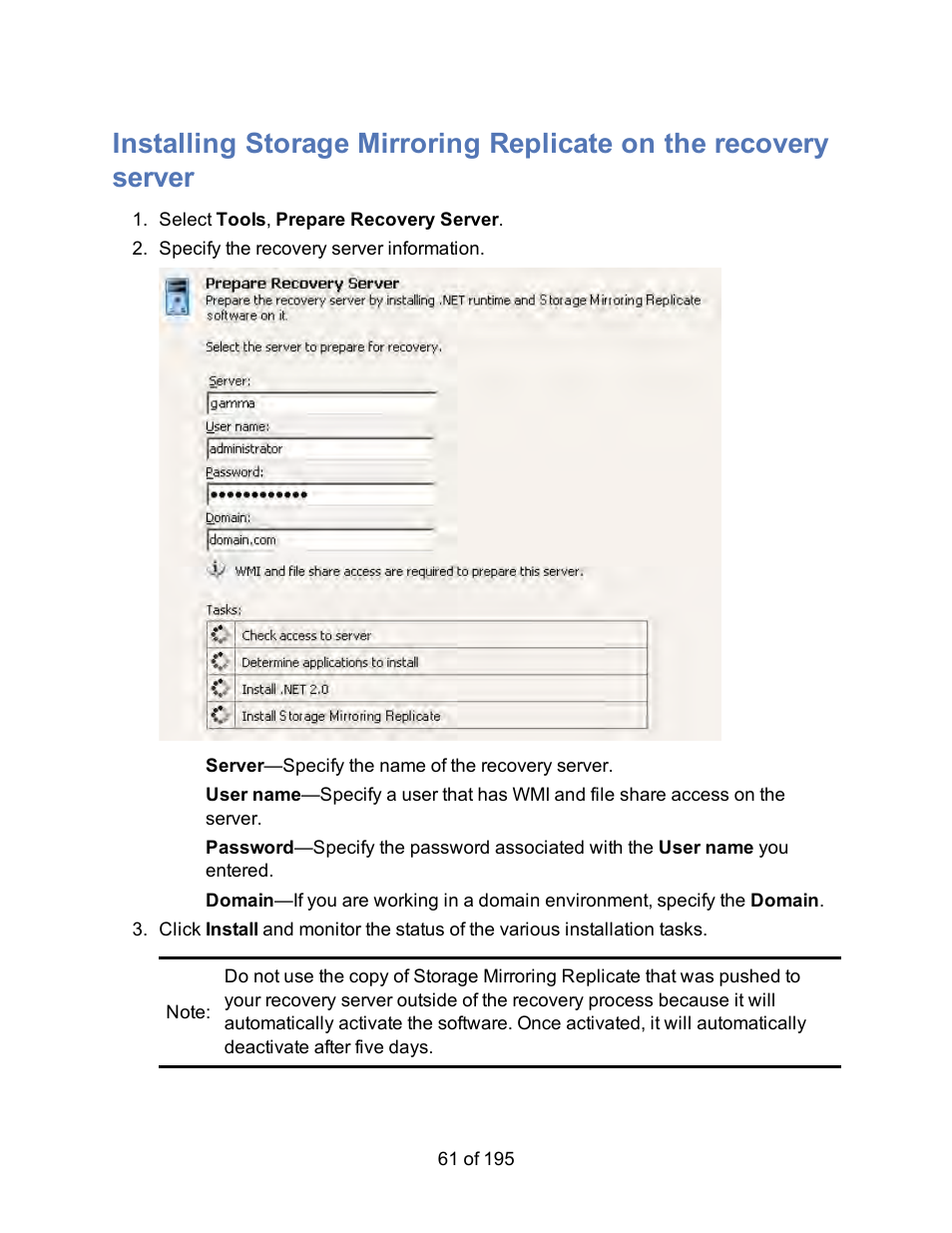 Installing on the recovery server | HP Storage Mirroring Software User Manual | Page 63 / 197