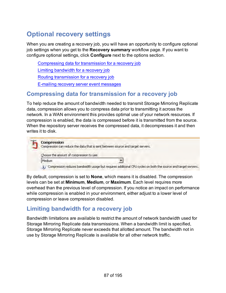 Optional recovery settings, Limiting bandwidth for a recovery job | HP Storage Mirroring Software User Manual | Page 89 / 197