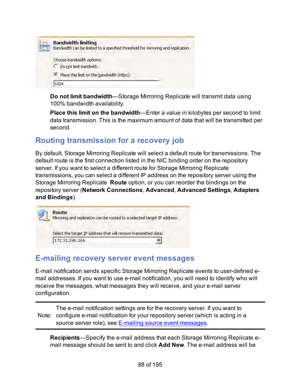 Routing transmission for a recovery job, E-mailing recovery server event messages | HP Storage Mirroring Software User Manual | Page 90 / 197