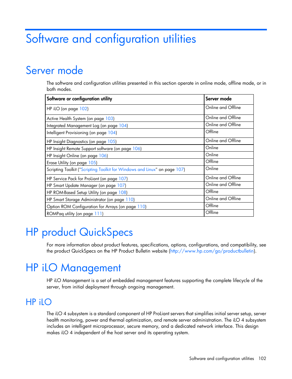 Software and configuration utilities, Server mode, Hp product quickspecs | Hp ilo management, Hp ilo | HP ProLiant DL380e Gen8 Server User Manual | Page 102 / 142