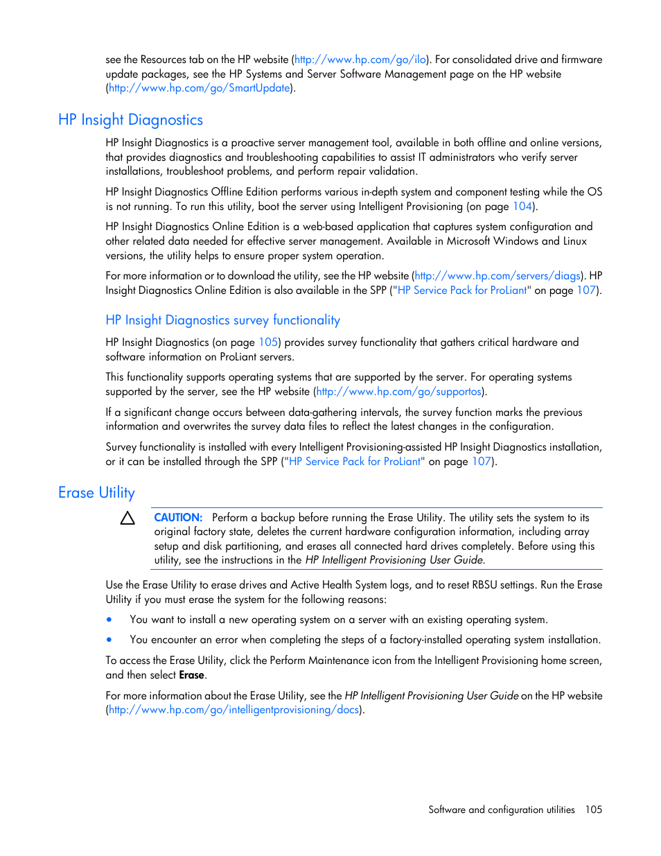 Hp insight diagnostics, Hp insight diagnostics survey functionality, Erase utility | HP ProLiant DL380e Gen8 Server User Manual | Page 105 / 142