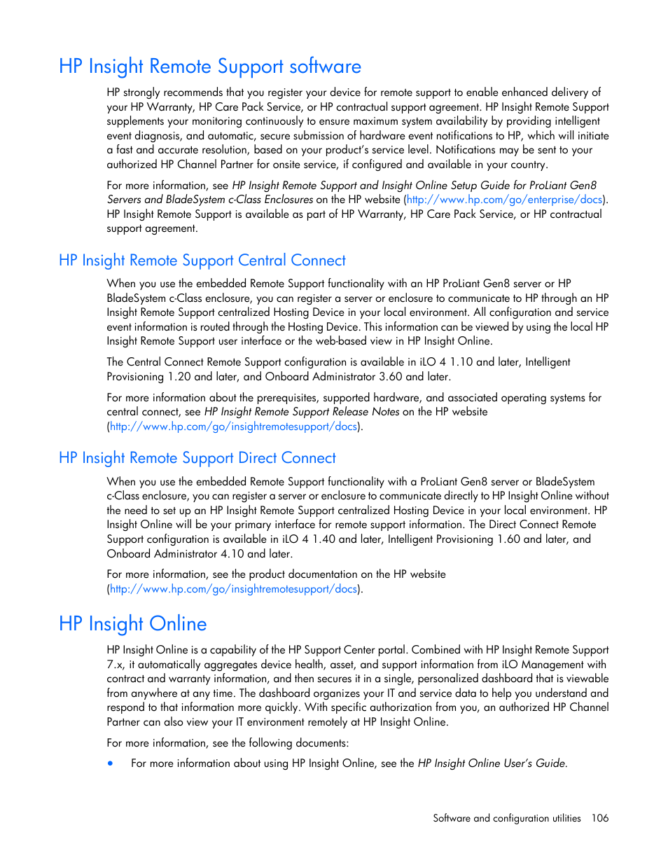 Hp insight remote support software, Hp insight remote support central connect, Hp insight remote support direct connect | Hp insight online | HP ProLiant DL380e Gen8 Server User Manual | Page 106 / 142