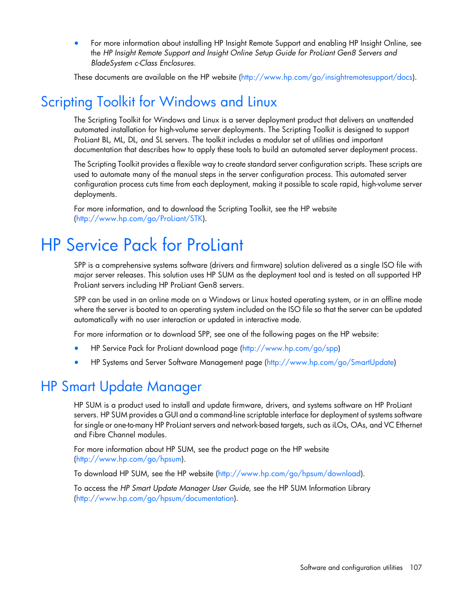 Scripting toolkit for windows and linux, Hp service pack for proliant, Hp smart update manager | HP ProLiant DL380e Gen8 Server User Manual | Page 107 / 142