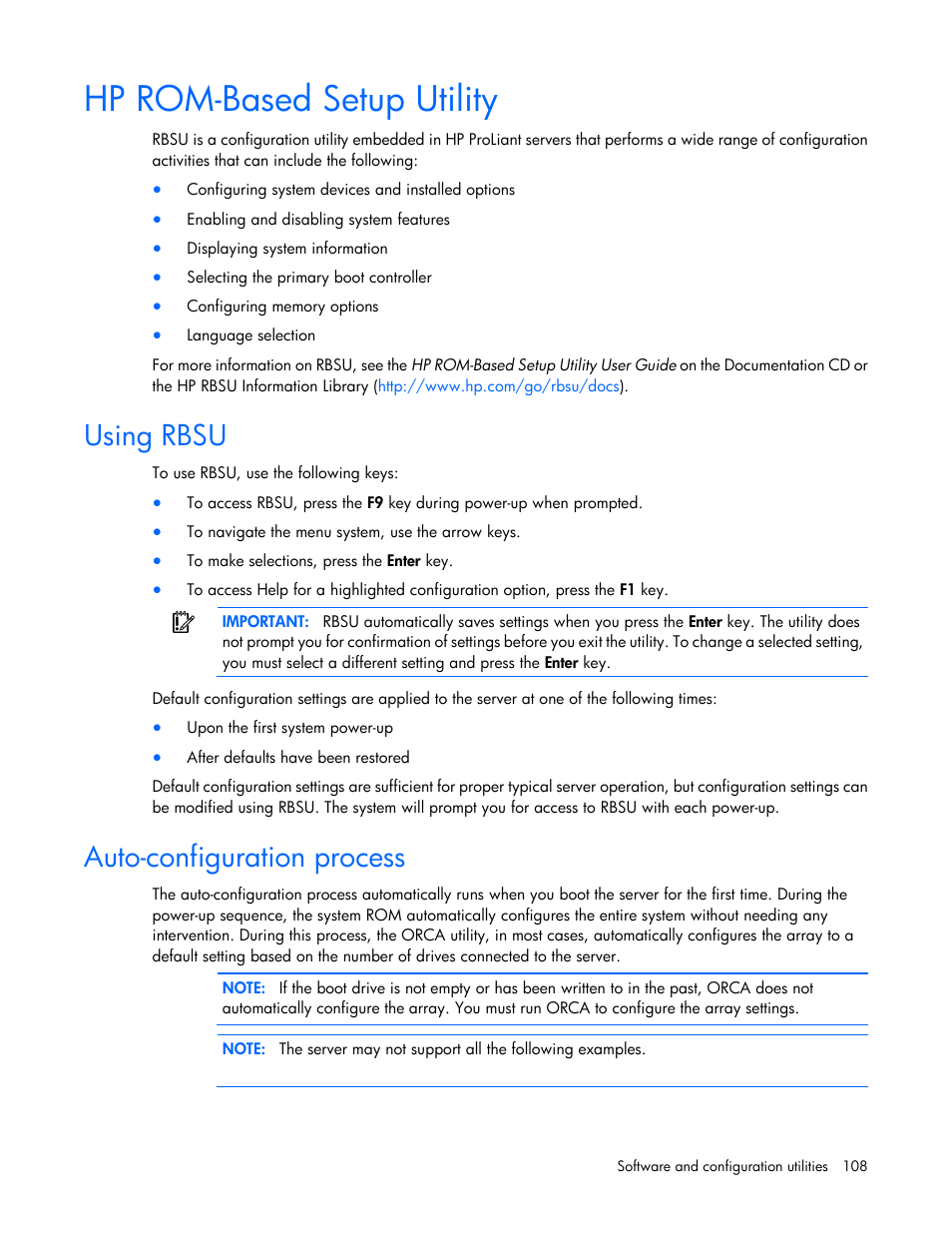 Hp rom-based setup utility, Using rbsu, Auto-configuration process | HP ProLiant DL380e Gen8 Server User Manual | Page 108 / 142