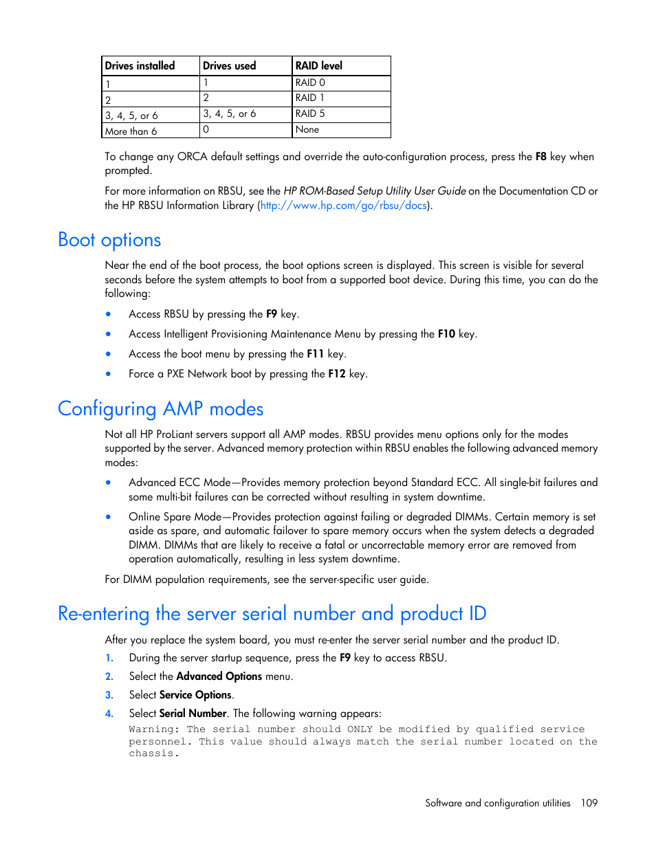 Boot options, Configuring amp modes | HP ProLiant DL380e Gen8 Server User Manual | Page 109 / 142