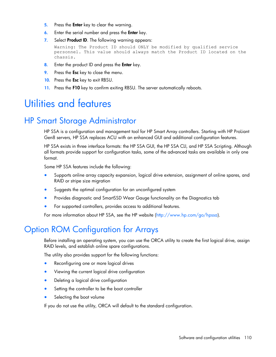 Utilities and features, Hp smart storage administrator, Option rom configuration for arrays | Hp smart, Storage administrator | HP ProLiant DL380e Gen8 Server User Manual | Page 110 / 142