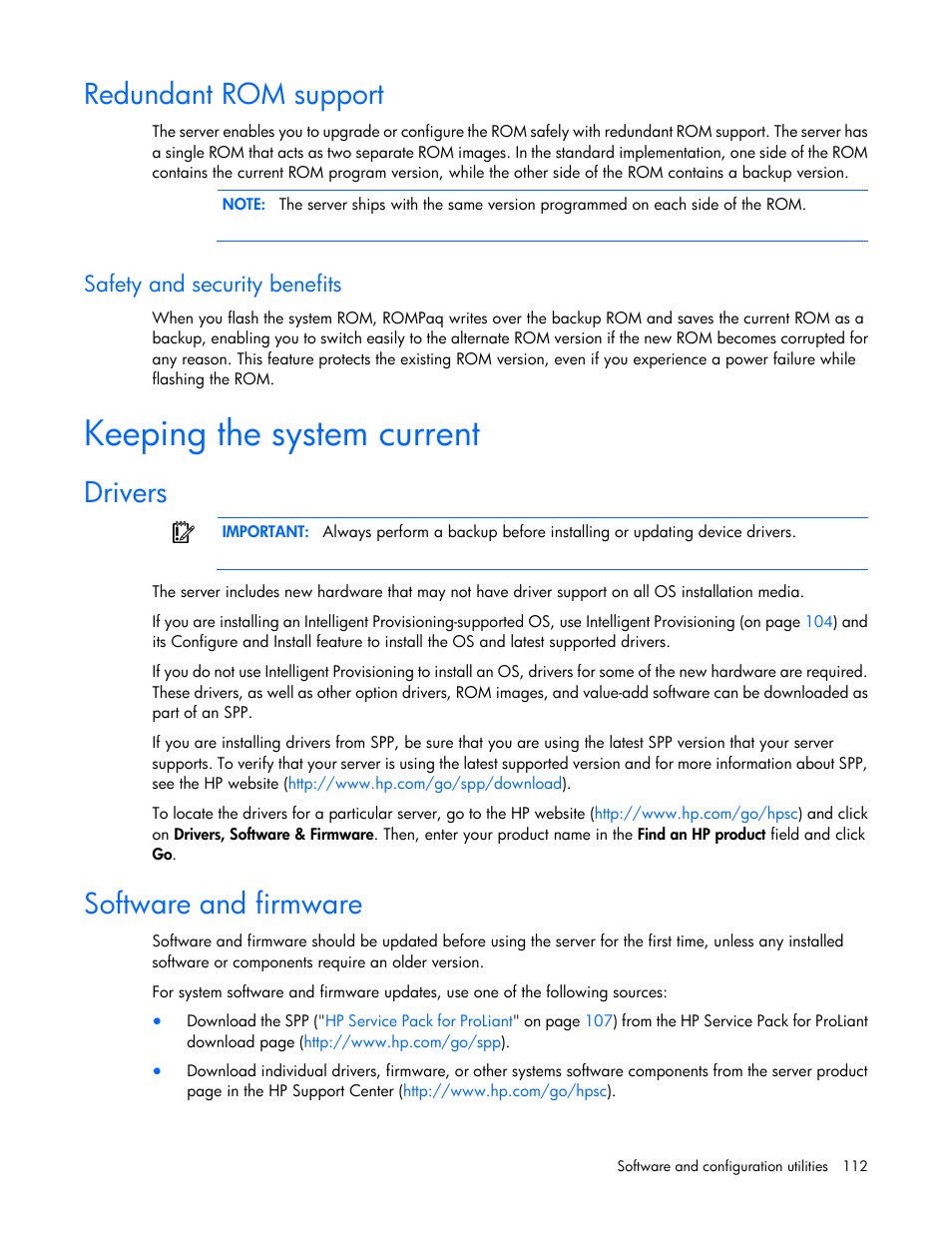 Redundant rom support, Safety and security benefits, Keeping the system current | Drivers, Software and firmware | HP ProLiant DL380e Gen8 Server User Manual | Page 112 / 142