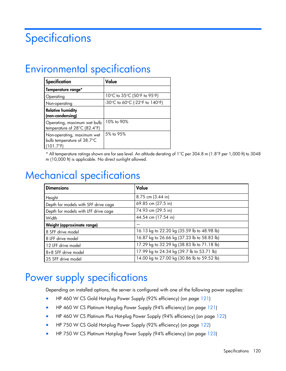 Specifications, Environmental specifications, Mechanical specifications | Power supply specifications | HP ProLiant DL380e Gen8 Server User Manual | Page 120 / 142