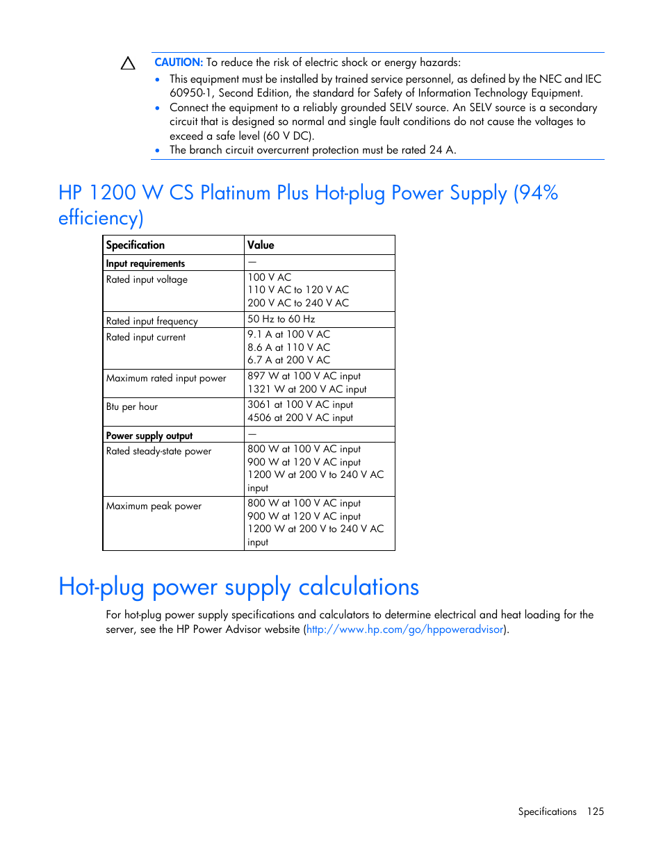 Hot-plug power supply calculations | HP ProLiant DL380e Gen8 Server User Manual | Page 125 / 142