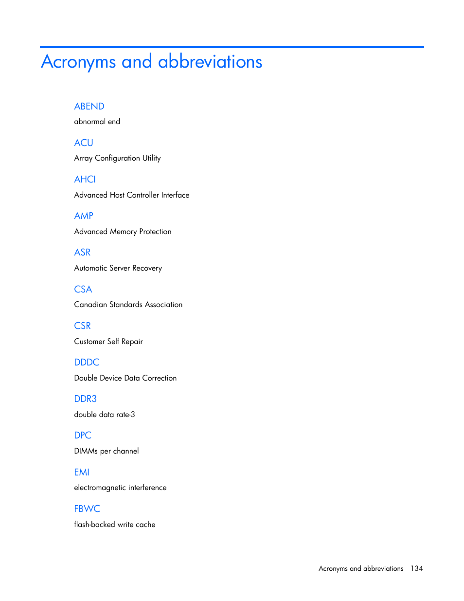 Acronyms and abbreviations | HP ProLiant DL380e Gen8 Server User Manual | Page 134 / 142