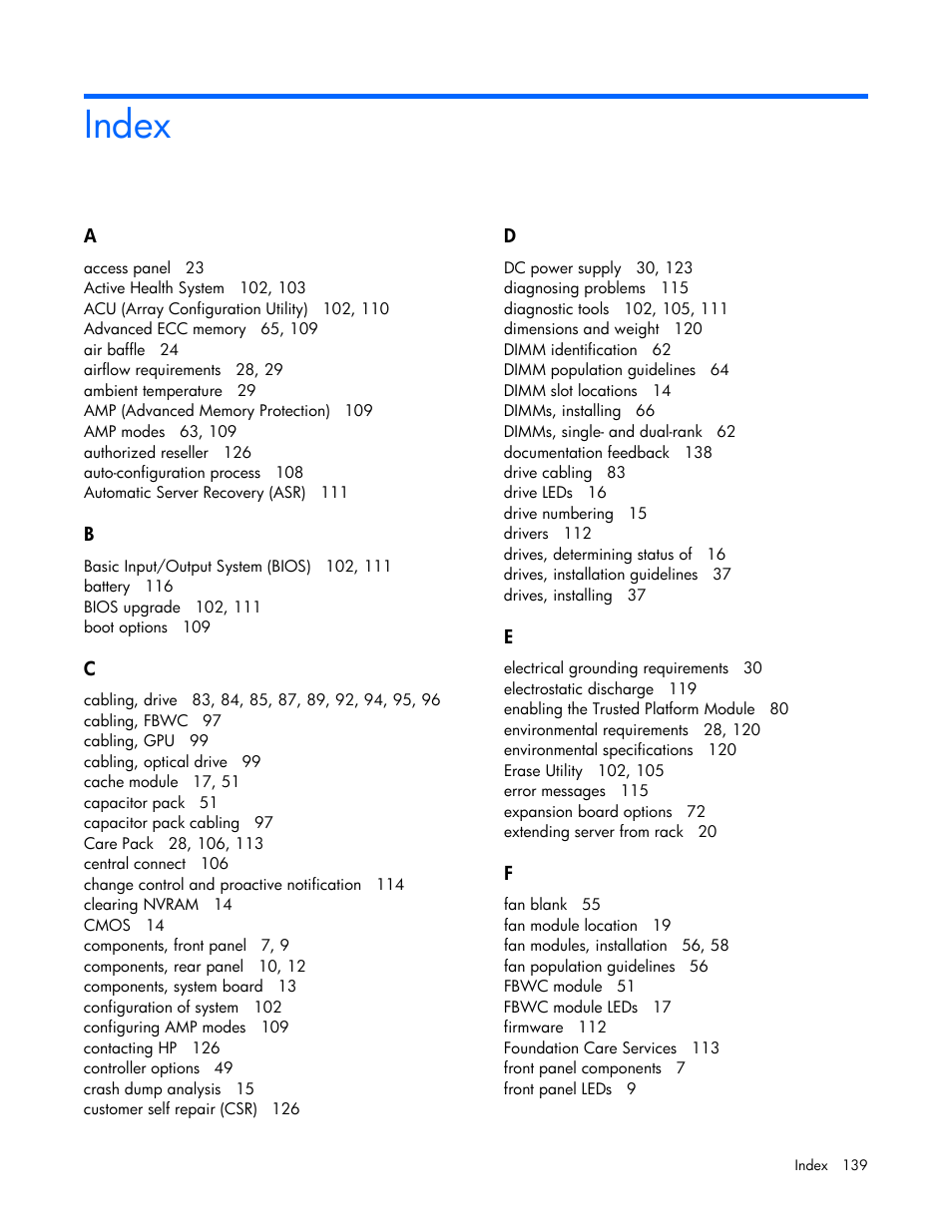 Index | HP ProLiant DL380e Gen8 Server User Manual | Page 139 / 142